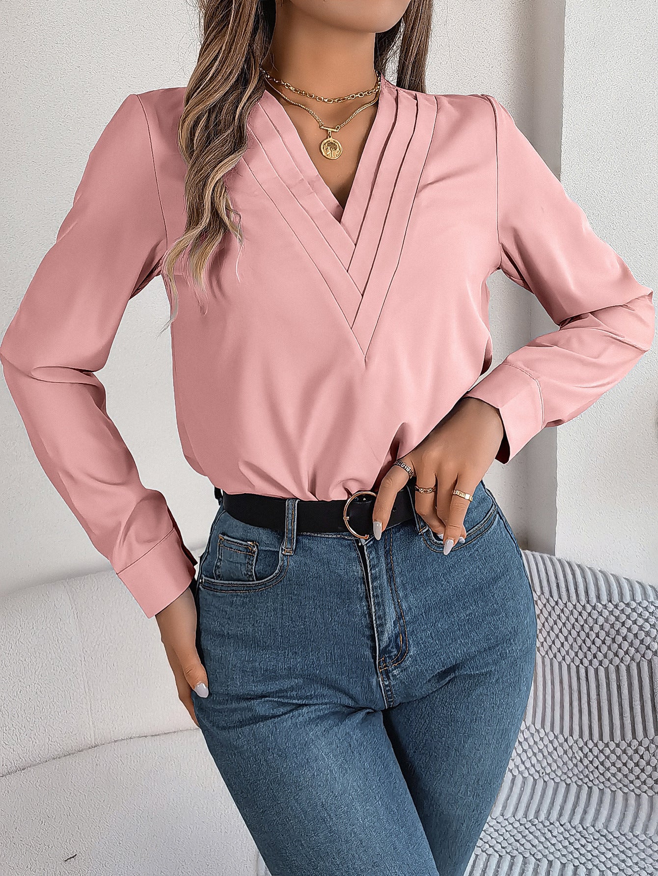 Elegante V-Hals Blouse met Lange Mouwen - Stijlvolle Kantoorlook