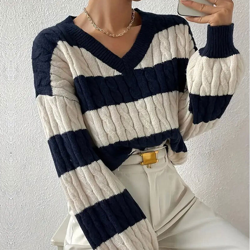 V-neck Long Sleeve Striped All-matching Women's Sweater