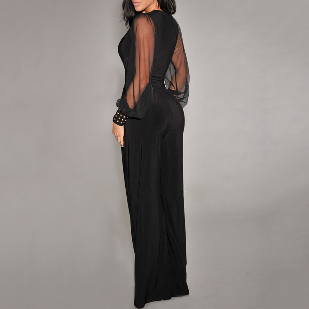 Straight-leg jumpsuit met mesh en studdetails