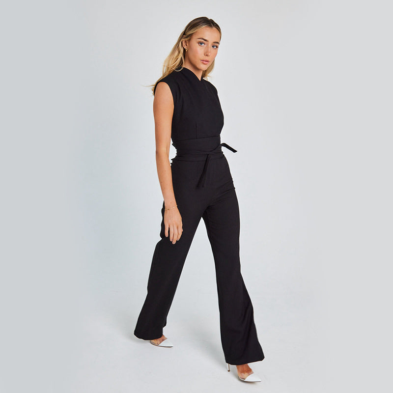 Elegante Mouwloze Zomer Jumpsuit met V-Hals en Wijde Pijpen