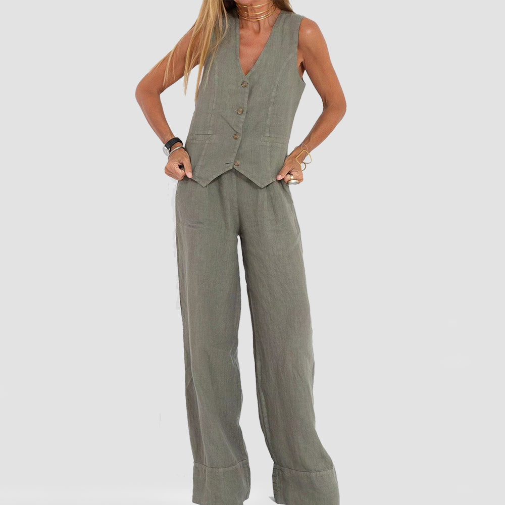 Summer Vest Suit: V-Neck Sleeveless Top & Loose Trousers