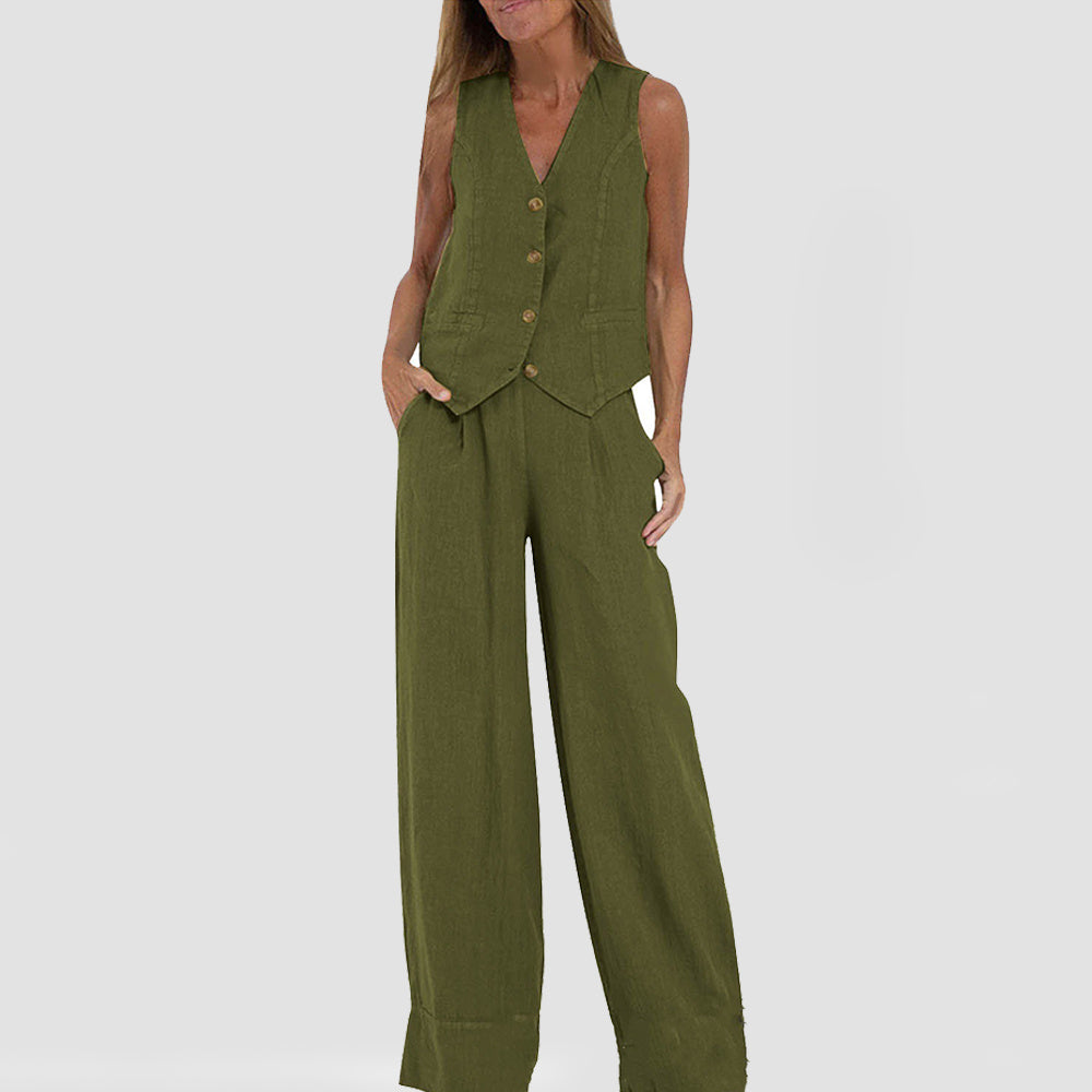 Summer Vest Suit: V-Neck Sleeveless Top & Loose Trousers