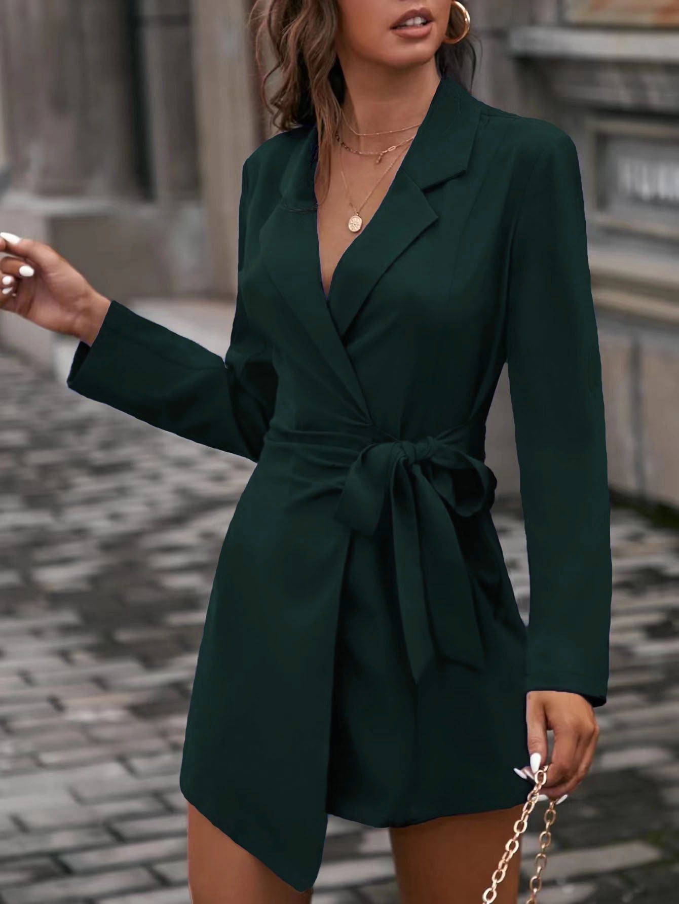 Suit Collar Solid Tie Long Sleeve Dress Jacket