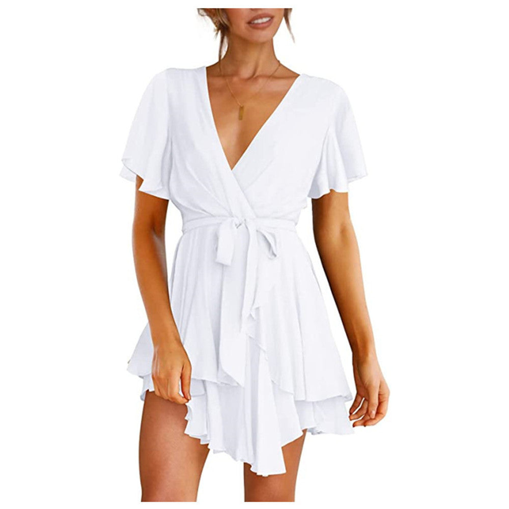 V-Neck Short Sleeve Mini Flowy Dress