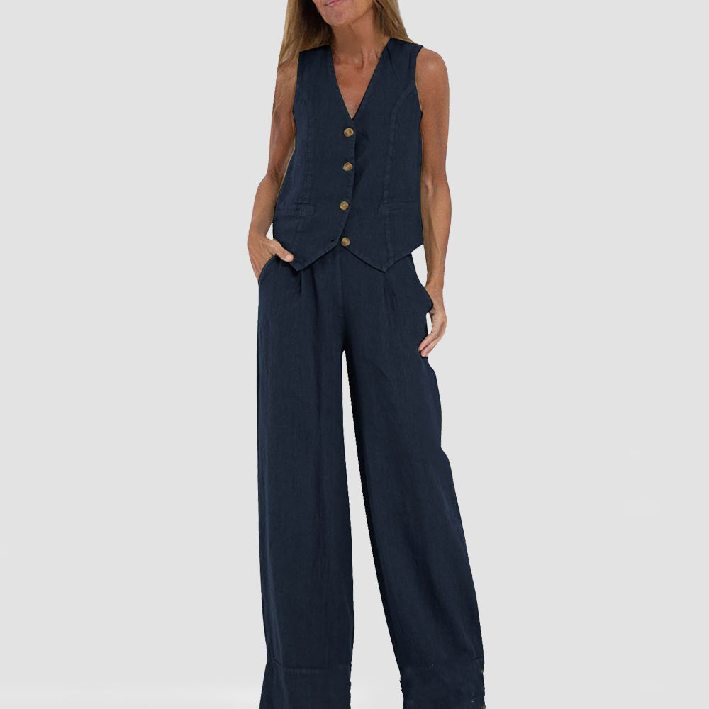 Summer Vest Suit: V-Neck Sleeveless Top & Loose Trousers