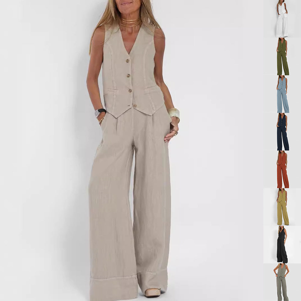 Summer Vest Suit: V-Neck Sleeveless Top & Loose Trousers