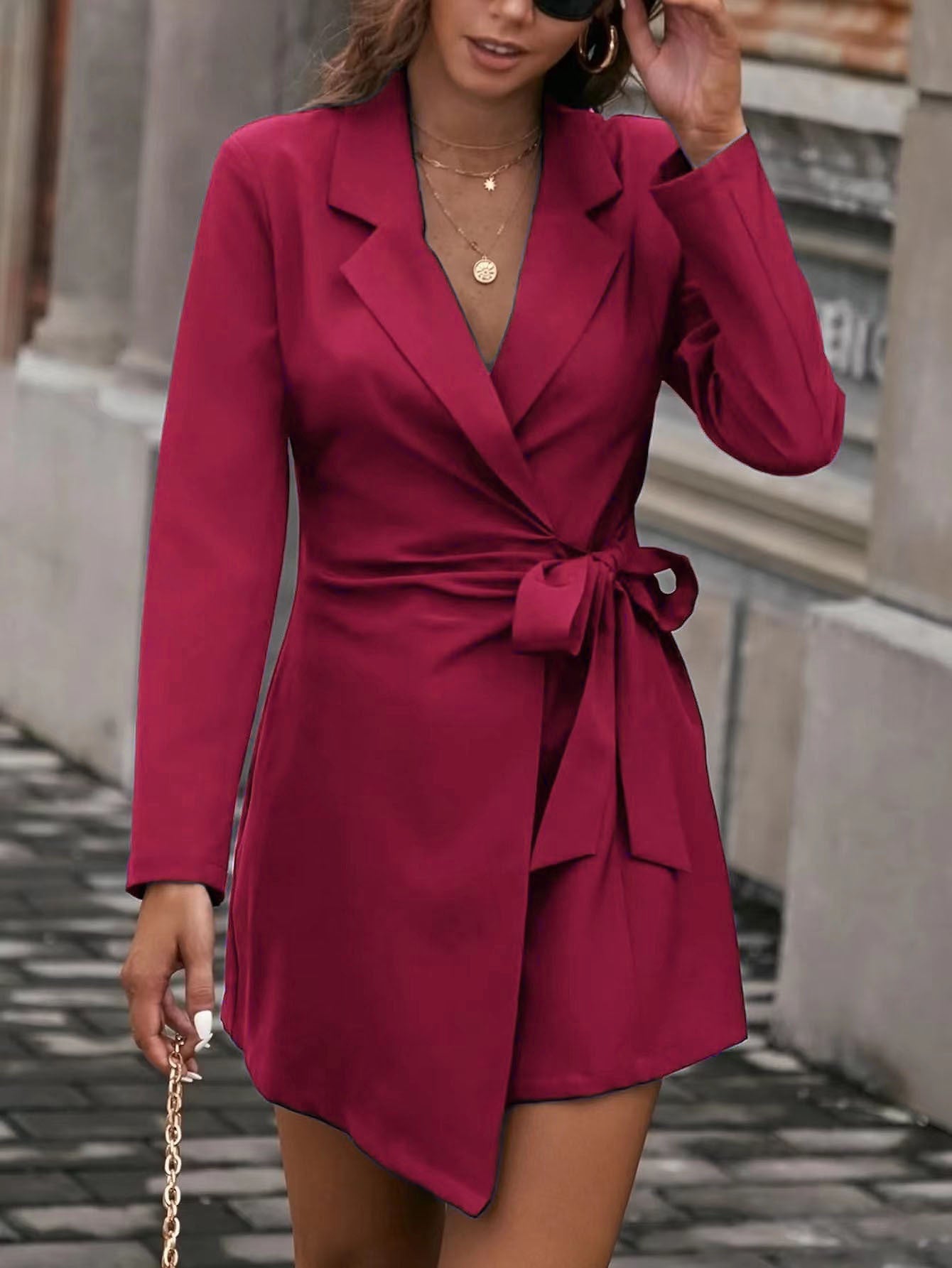 Suit Collar Solid Tie Long Sleeve Dress Jacket