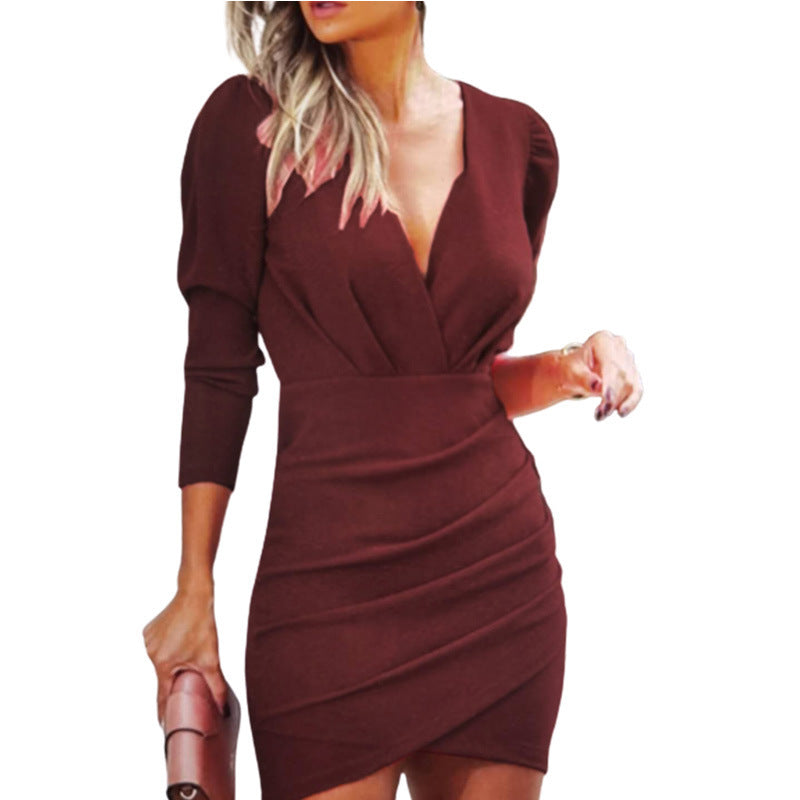 Solid Color V-Deck Dress With Long Sleeves Large Size