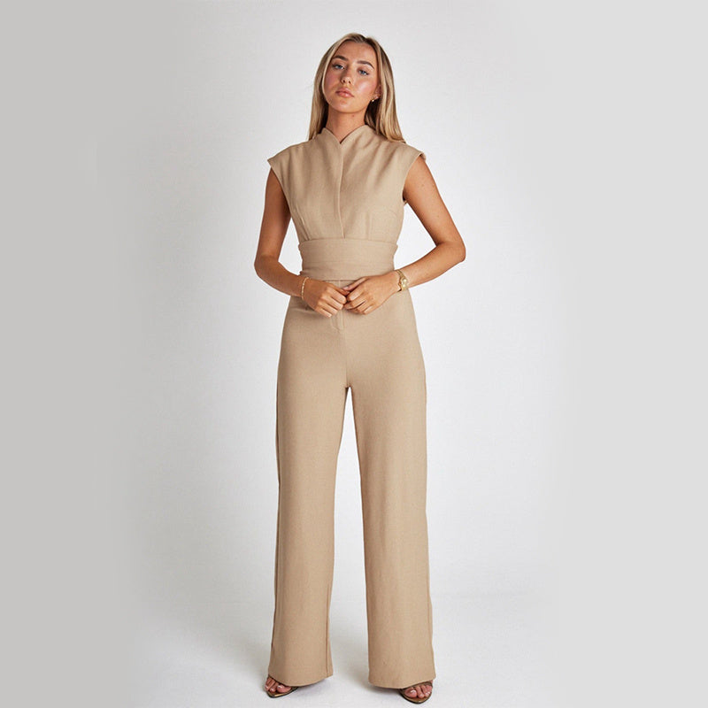 Elegante Mouwloze Zomer Jumpsuit met V-Hals en Wijde Pijpen