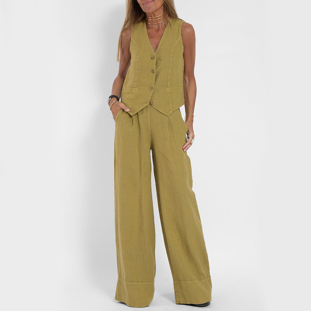 Summer Vest Suit: V-Neck Sleeveless Top & Loose Trousers