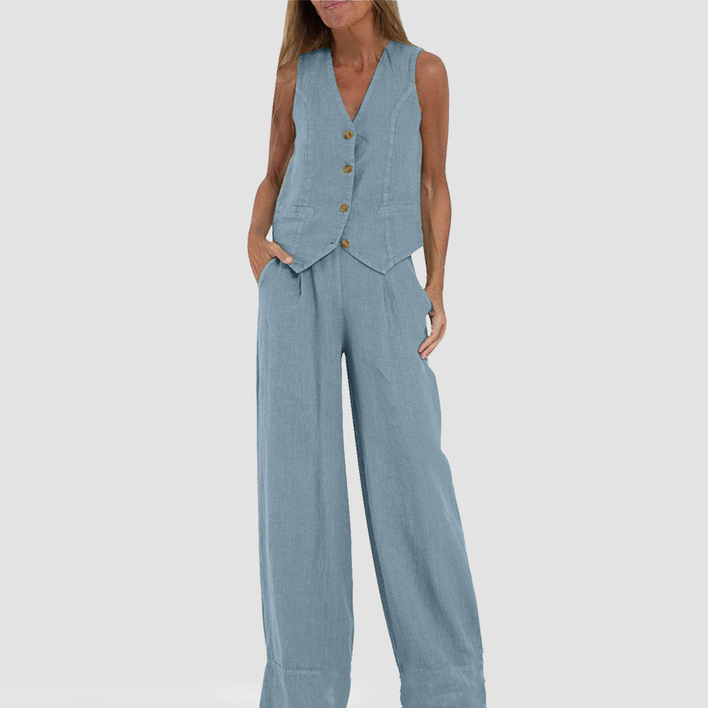 Summer Vest Suit: V-Neck Sleeveless Top & Loose Trousers