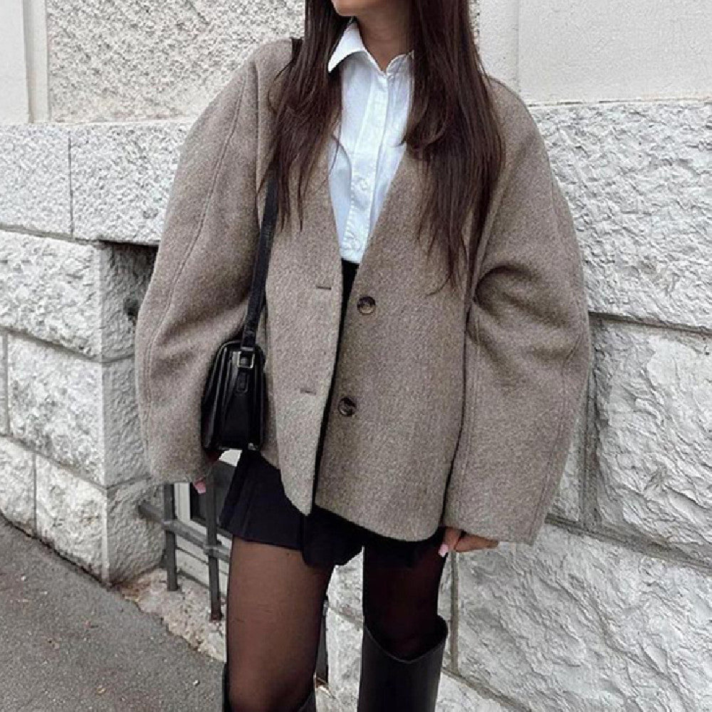 V-neck Long Sleeve Button Short Coat Fall Winter Fashion Women Commute Leisure