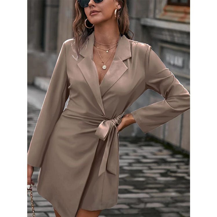 Suit Collar Solid Tie Long Sleeve Dress Jacket