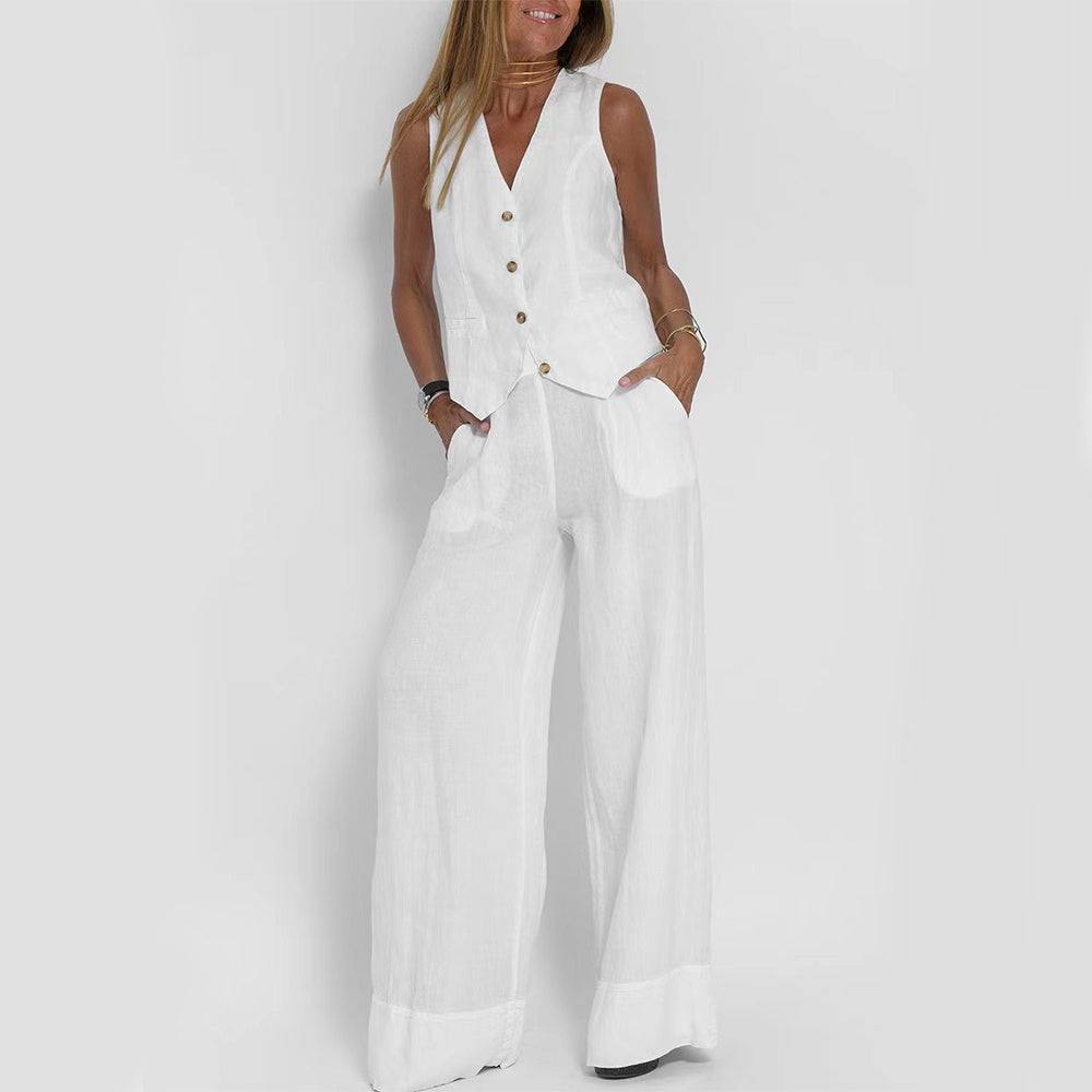 Summer Vest Suit: V-Neck Sleeveless Top & Loose Trousers