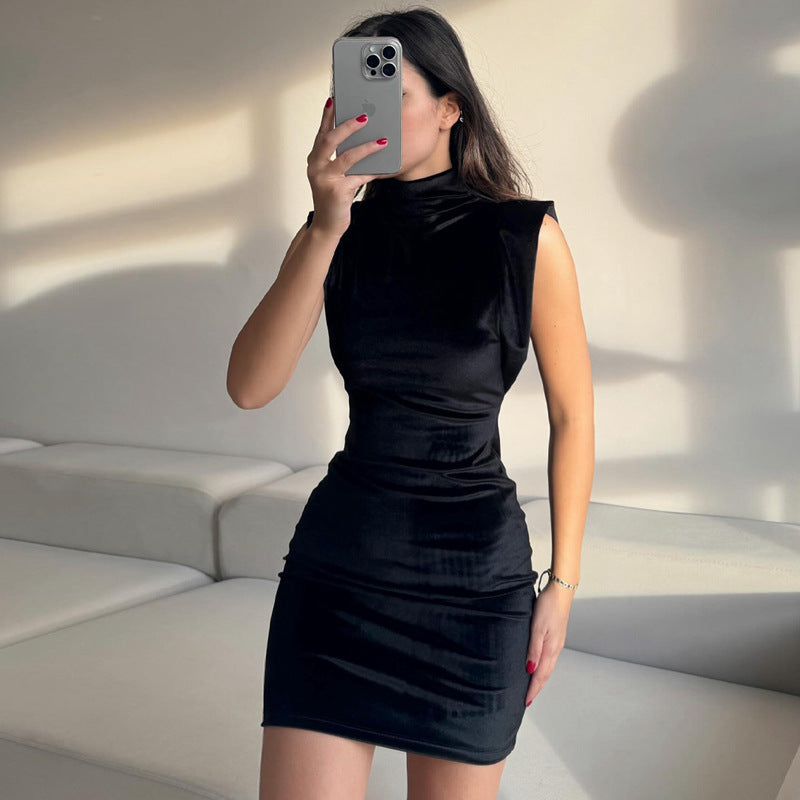 Suede Turtleneck Flounced Sleeve Slim-fit Sheath Dress Women